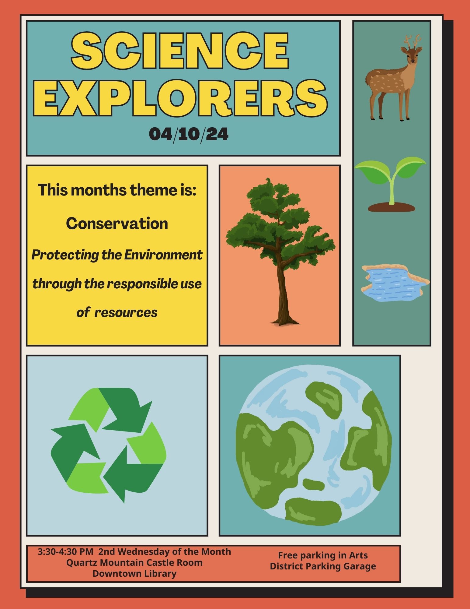 Vintage poster with images of a tree, recycling symbol, and a globe. Text reads: Science Explorers 04/10/24 This months theme is: Conservation Protecting the Environment through the responsible use of  resources