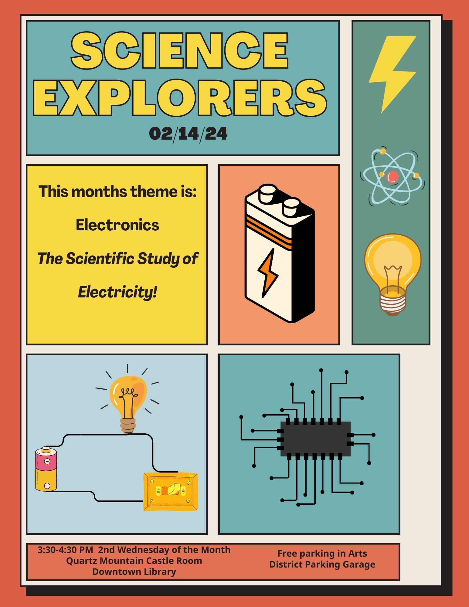 Vintage poster with images of a circuit, lightning bolt, and battery. Text reads: Science Explorers 02/14/24 This months theme is: Electronics  The Scientific Study of Electricity!