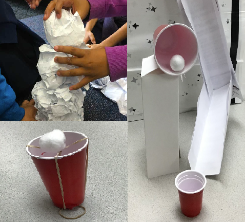 photo 1 is 3 crumpled papers being stacked by children's hands, photo 2 below it is a red plastic cup "launcher" with 2 rubber bands around the top and inside and a cotton ball on it, photo 3 is a cup plastic cup on its side, sitting on top of a tall folded paper tower, with a small white foam ball in it. Below it in the photo is a small red plastic cup to catch the ball and a paper chute behind it.