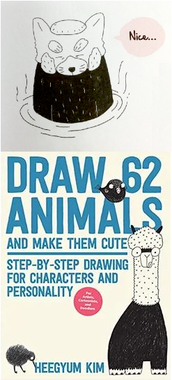 Black ink pen drawing of red panda sitting in water with a speech bubble that says "Nice..." - below it is an image of the book cover for "Draw 62 Animals and Make Them Cute" in teal text with simple ink drawings of a llama and a kiwi bird