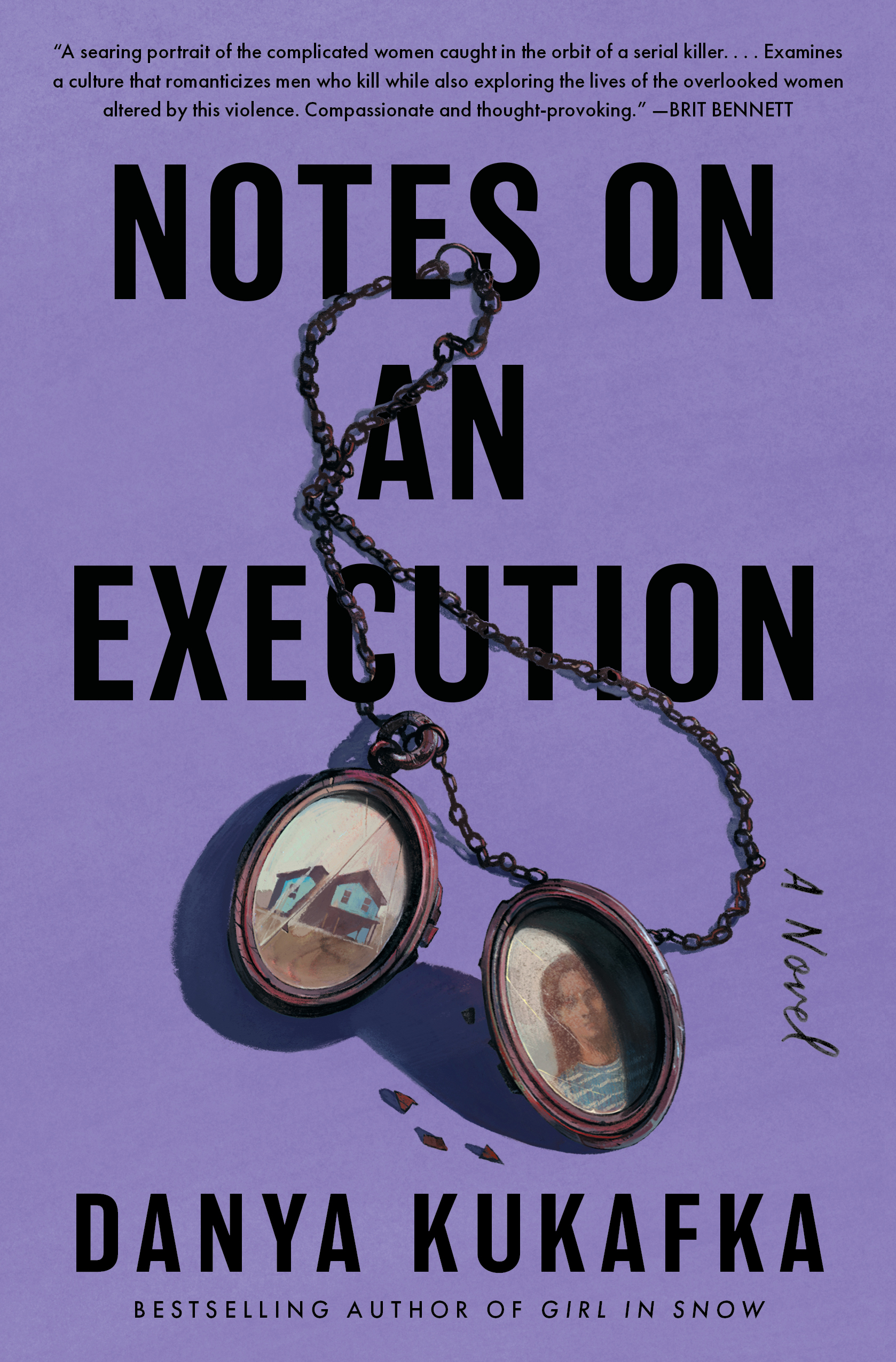 Cover of Notes on an Execution. The background is lavender with black text. There is an image of a broken locket, with a house on one side of the locket and a profile of a woman on the other.