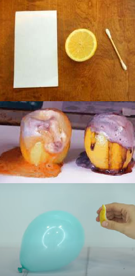 3 images: top-paper next to half a lemon next to a Q-tip, middle-2 lemons with the tops cut off oozing purple foam, bottom-a light blue balloon next to a hand holding a piece of lemon rind toward it