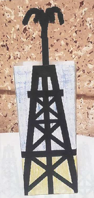 Picture of a paper oil derrick gushing oil.