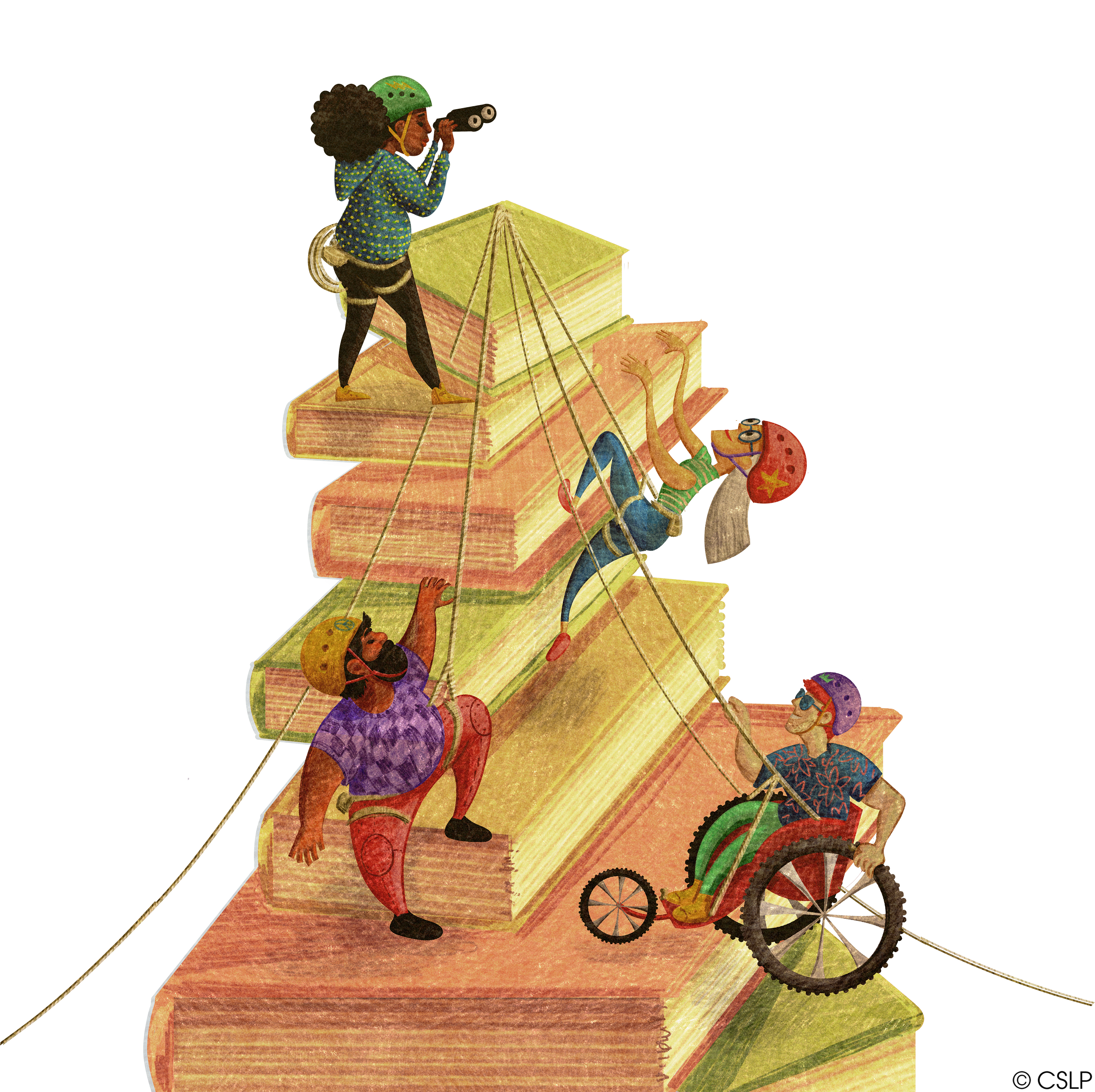 Family climbing and exploring books