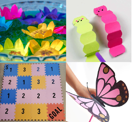 paper flowers and butterfly, foam mat with numbers, and 3d paper caterpillars