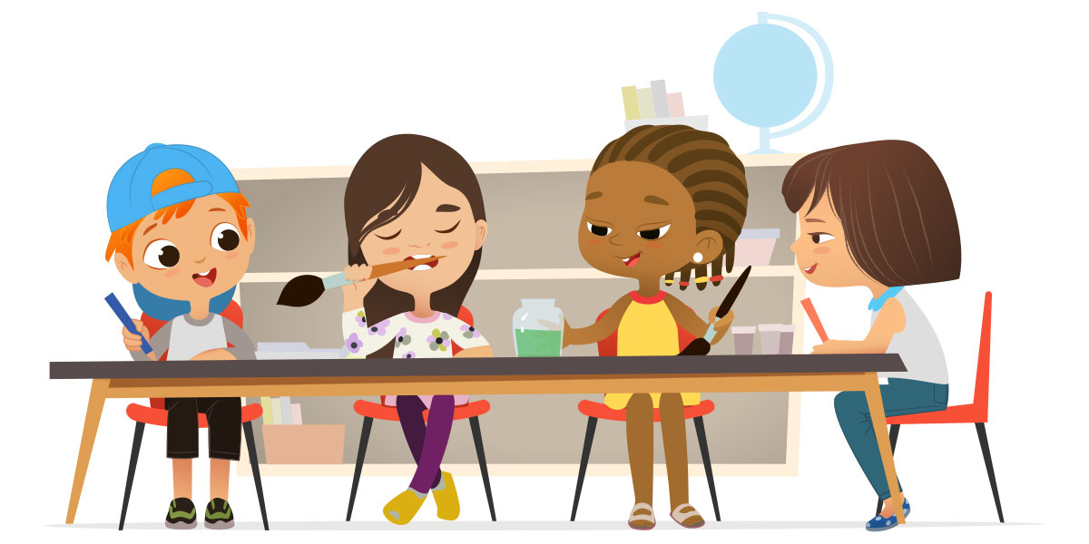 Cartoon kids in art class