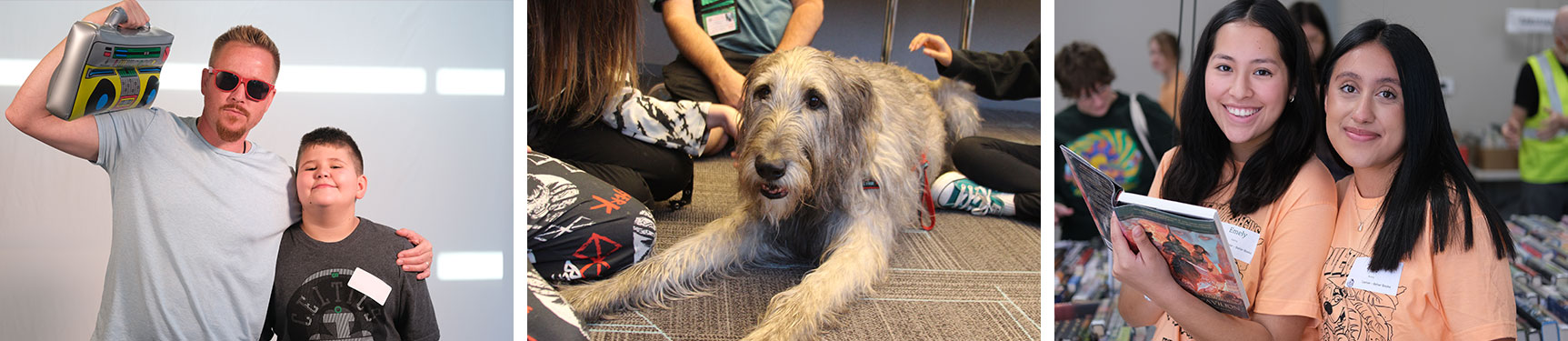 Three photos. From left to right, a young man and student posing for a photo. Then a dog on a carpet being pet by students. Last, two women in orange shirts smiling at the camera.
