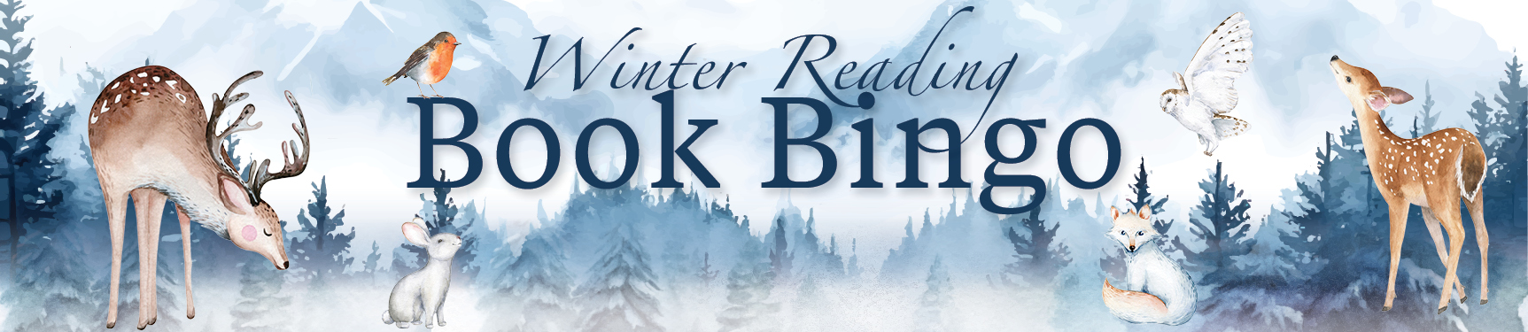 Winter Reading Book Bingo on watercolor painted mountains with watercolor painted animals.