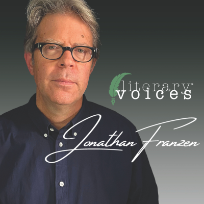 Author Jonathan Franzen in a dark button-up shirt against a gray background with Literary Voices logo.
