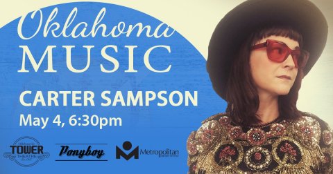 Oklahoma Music with Carter Sampson blue and cream background with a photo of Carter Sampson