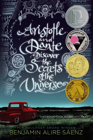 book cover for Aristotle and Dante, an old model red pickup truck in a field at dusk 