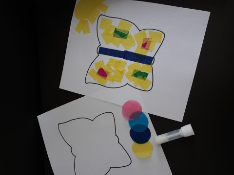 Glue tissue paper shapes onto paper for bright, colorful artwork.