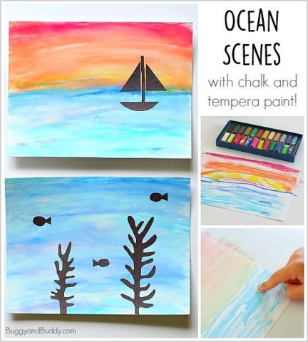 2 different ocean scenes made with paint and chalk 2 pictures showing the chalks and a hand rubbing white paint over chalk