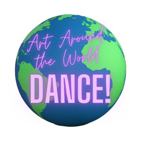 Globe with lettering reading: Art Around the World Dance!