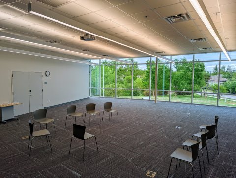 Meeting Room B at Belle Isle with chairs setup in the middle of the room