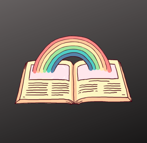an open book bursting with a rainbow, on a dark background