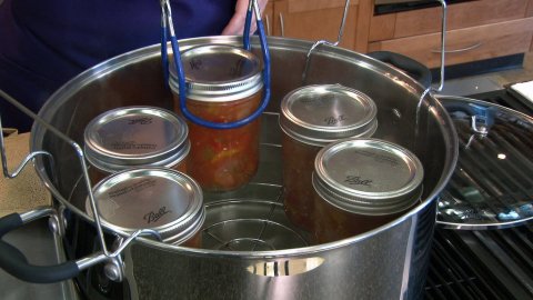 A large aluminum pot with a rack containing canning jars resting in the rack. 
