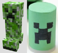 A picture of a Minecraft creeper next to a hand-made creeper made of green paper and a film canister