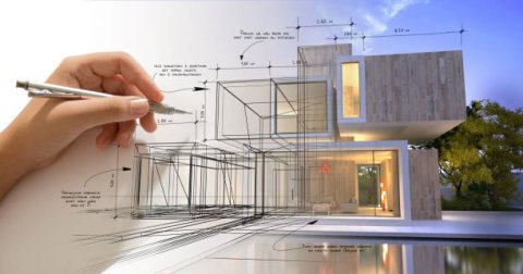Hand drawing math that fades into a fully designed building.