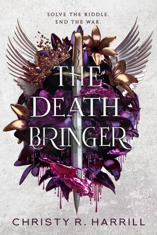 A book cover that reads "The Death Bringer" and features purple and gold art with wings and a sword.