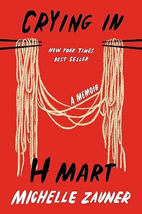 Crying in H Mart cover: red background with two chopstick sets and noodles