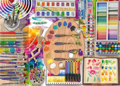 brightly colored image of artist's paints and brushes