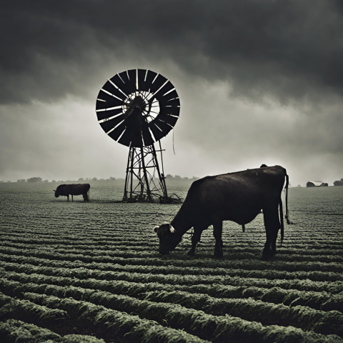 Bleak picture of cow and windmill