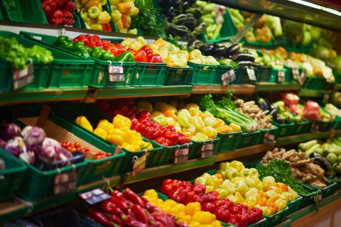 fresh produce shelves in supermarket