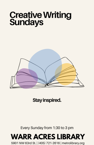 The poster for the Creative Writing Sunday program. A single line drawing of an open book is in the middle of the poster, with small translucent circles of light purple, light blue, and light yellow covering most of the illustration. Below the illustration, it says, "Stay inspired."