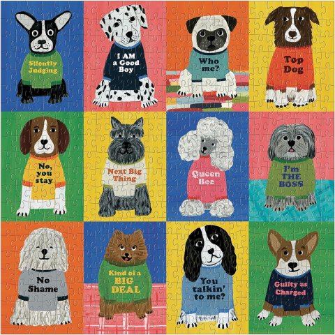 12 colorful squares, each with a different dog wearing a tshirt with a cheeky slogan