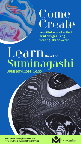 Come create beautiful one-of-a-kind print designs using floating inks on water. Learn the art of Suminagashi on June 20, 2024 from 1-2:30.
