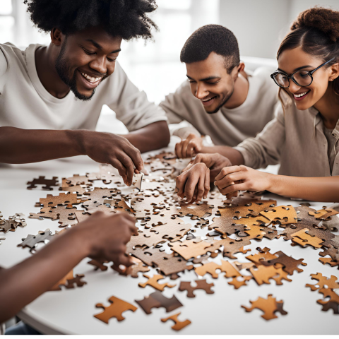 People working on a jigsaw puzzle.