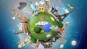 Picture of the world with various monuments sticking out of it