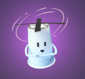A white paper cup with a smiling face drawn on and spinning blades on top, on a purple background