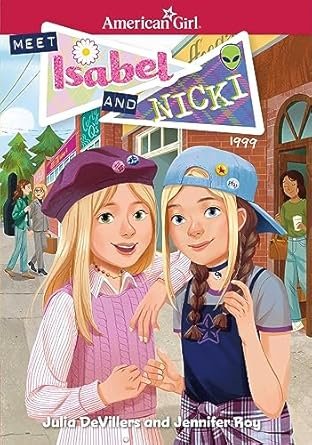 Two white girls are wearing different styles of clothing and standing in front of a school.