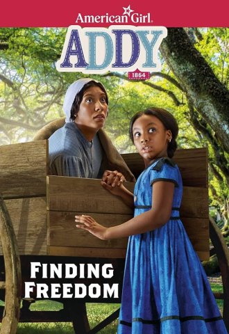 A black girl in a blue dress holds her mother's hand. Her mother is hiding in a wagon.