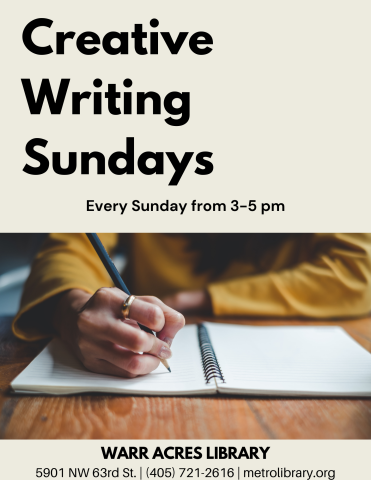 Flyer for the Creative Writing Sundays program featuring a person writing into a notebook.