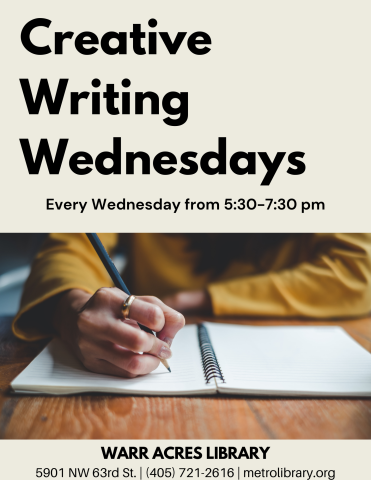 Flyer for the Creative Writing Wednesdays program featuring a person writing in a notebook.