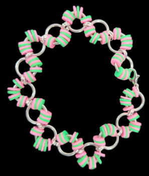 Bracelet made with metal rings and alternating pink and green beads.