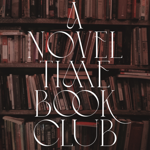 A square image of full bookshelves with the words "A Novel Time Book Club" transposed over it.