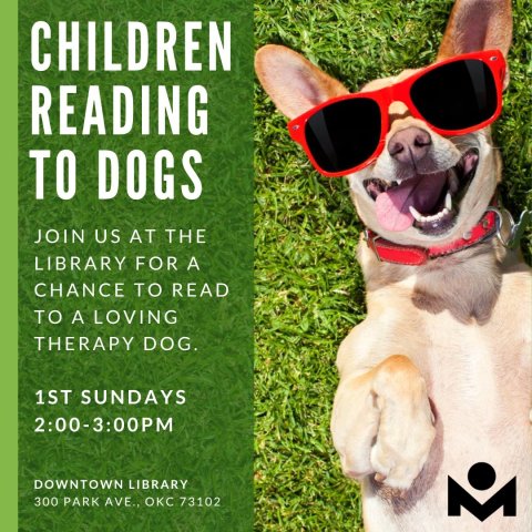 Flyer for Children Reading to Dogs featuring a dog in sunglasses.