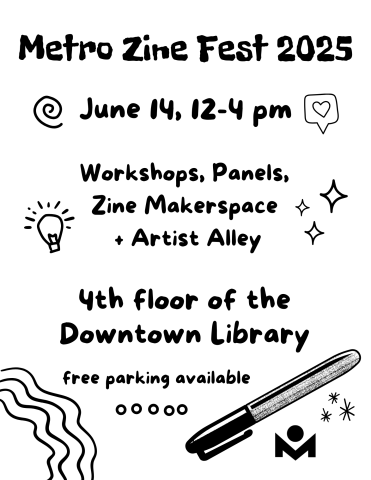 event details for Metro Zine Fest, taking place from 12-4 pm (central standard time) on June 14, 2025