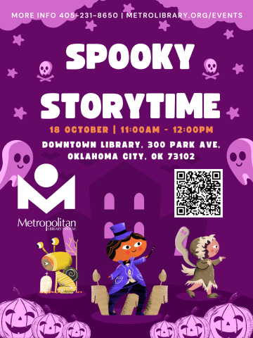 Join us for Spooky Storytime at the Downtown Library on October 18th from 11:00am-12:00pm.