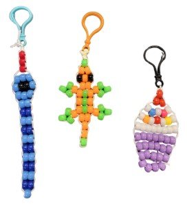Backpack charms create with pony beads. Snake, Lizard, and cupcake.