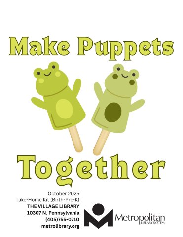 Two green frog puppets on craft sticks and the words Make Puppets Together