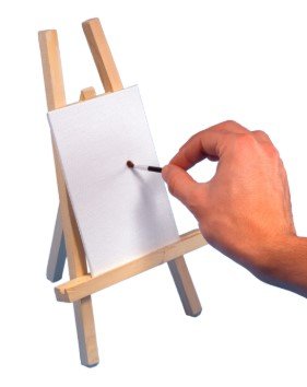 A Hand holds a paintbrush to a tiny easel.