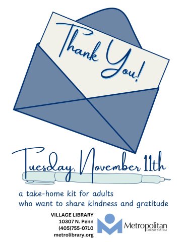 A blue envelope contains a note reading "Thank You!" in cursive. Below is text reading "Tuesday November 11th" followed by "a take-home kit for adults who want to share kindness and gratitude." Under that is the library address and the Metro library logo.