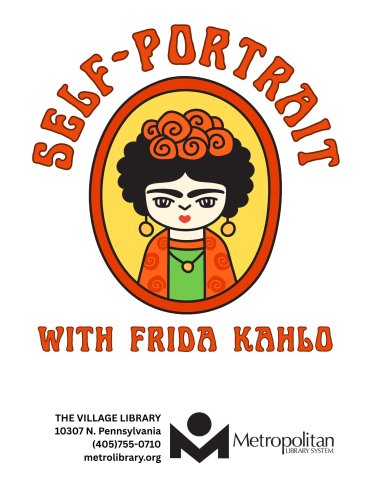 Self-Portrait with Frida Kahlo is around a cartoon-style portrait of Frida Kahlo.