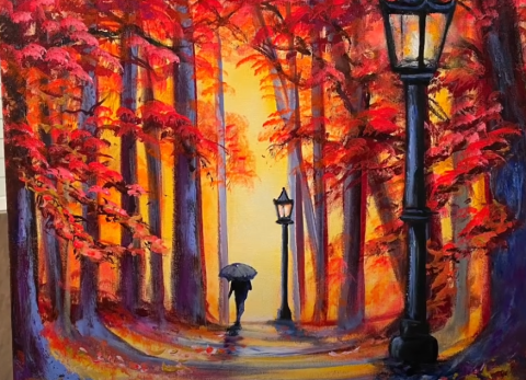 A Walk in Autumn fall painting depicts a girl with a black umbrella walking along a forest path. The forest is full of dark trees with brilliant red leaves and  a lamp post stands in the foreground. 