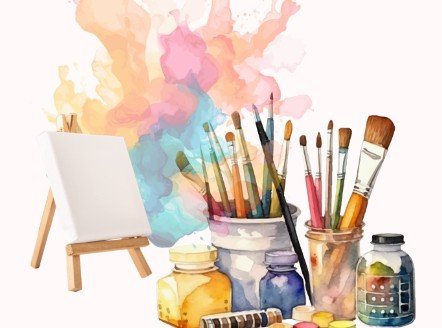 Tiny easel surrounded by paintbrushes.